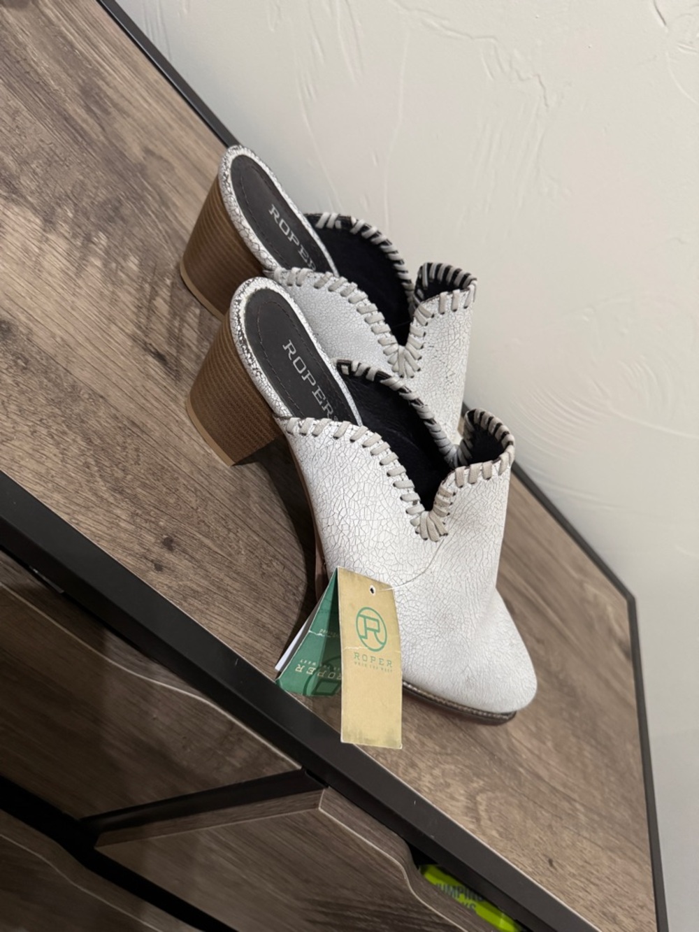 Roper White Textured Western Mule with Stacked Heel